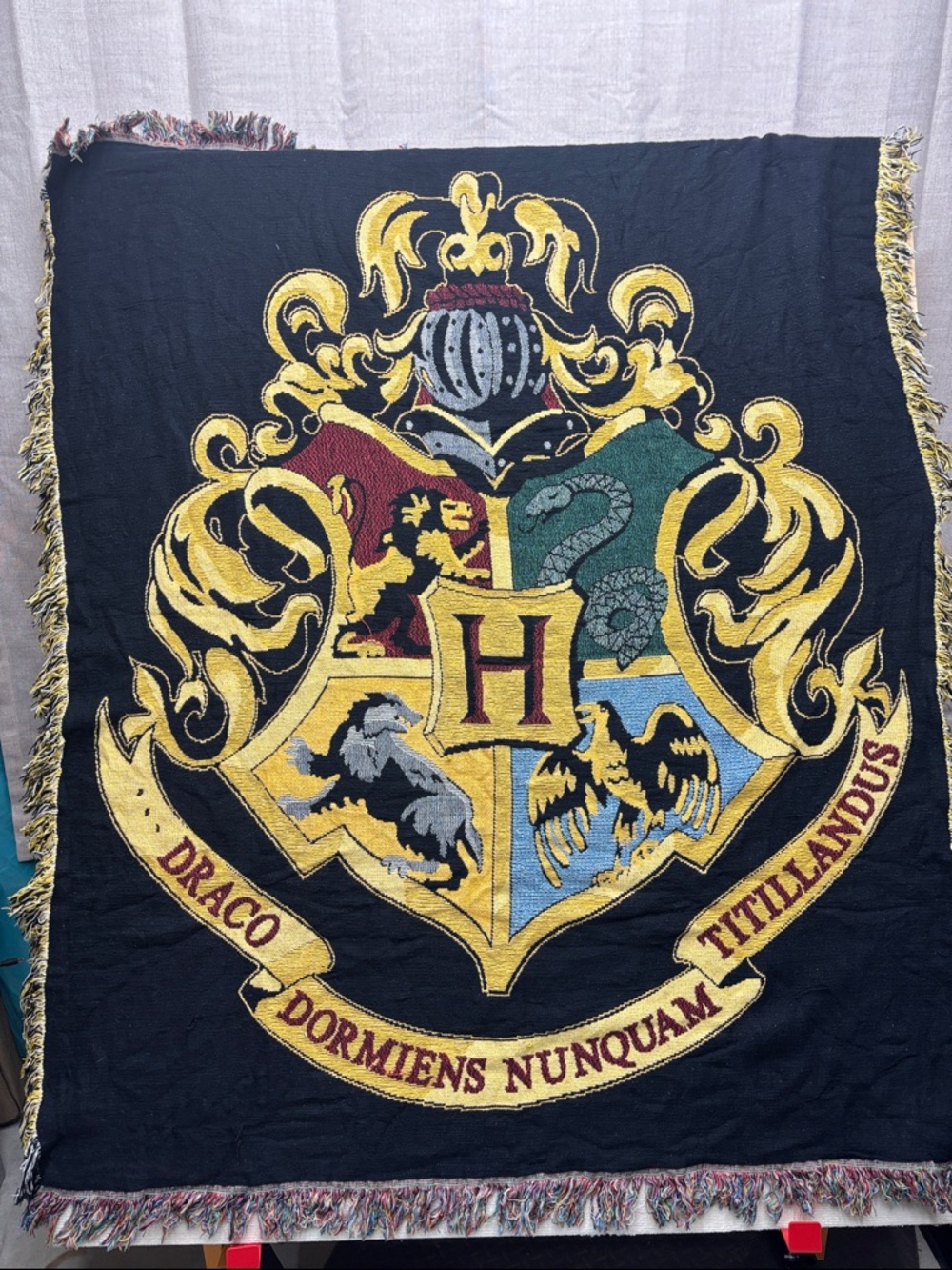 Hogwarts Crest Woven Throw Blanket - Black with Gold, Red, Green, Blue